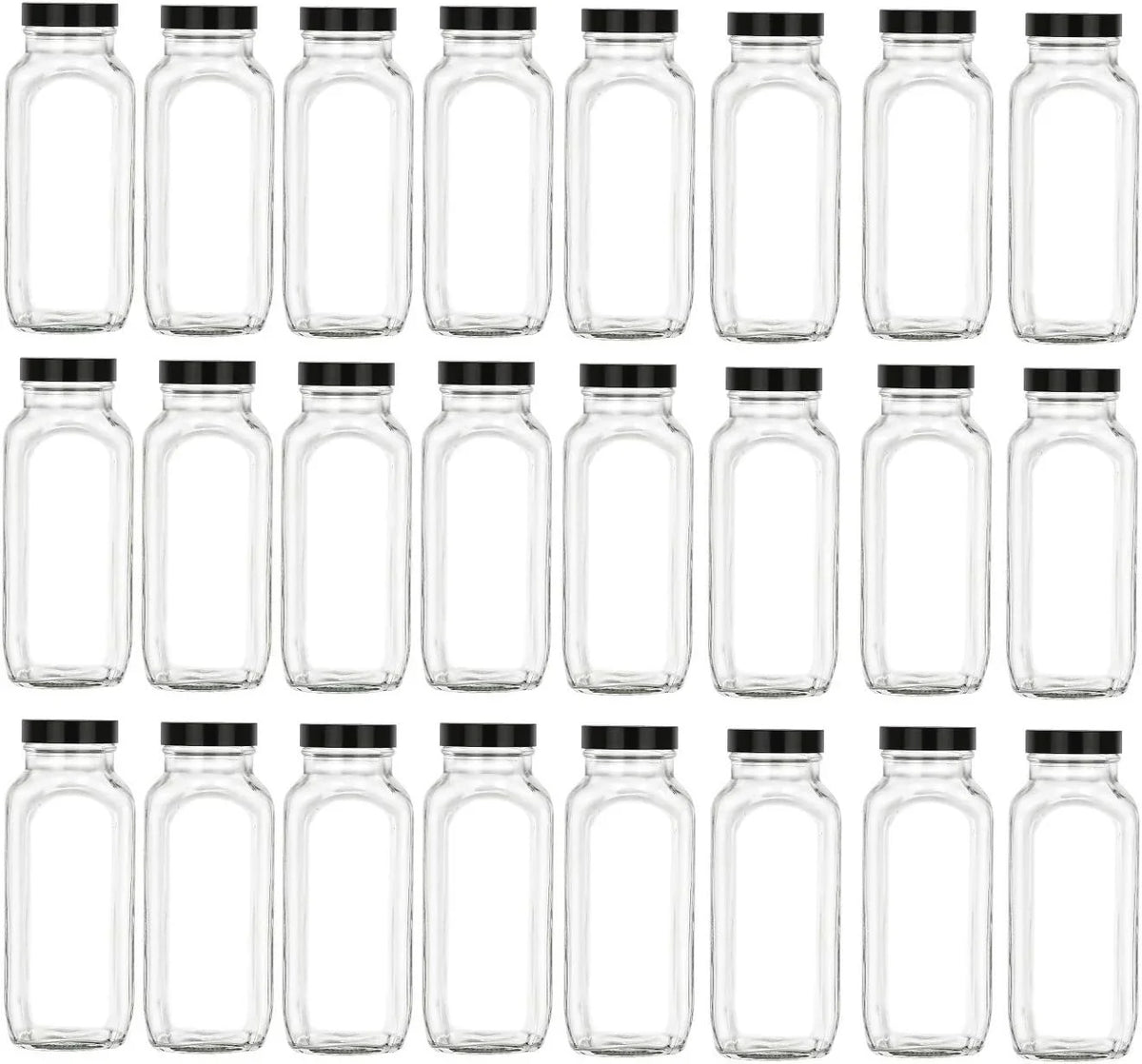 24 Pcs 16 Oz Glass French Square Bottle Set With Black Lids - Wide Mouth With BPA , Airtight, Leak Proof Lids For Fruit Juices, Kombucha, Dressings (Black, 24)