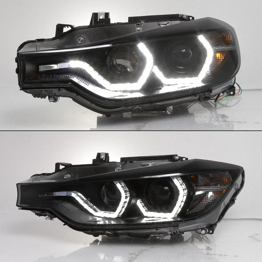 AKKON - For BMW F30 3-Series 4 Doors Sedan Black Smoked Factory Halogen Type Dual U-Halo Ring LED Projector Headlights