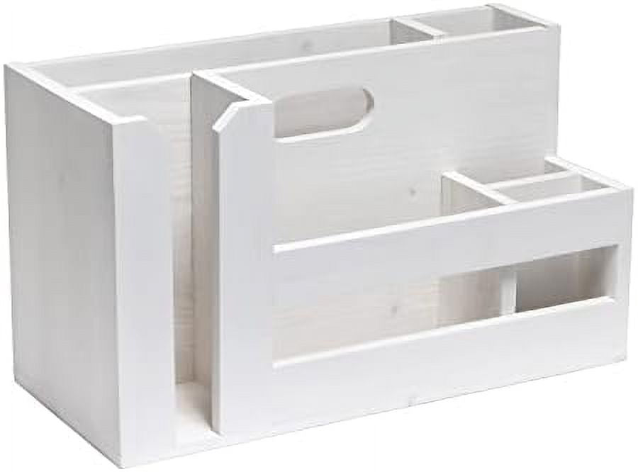 Pantry Picks Farmhouse Wooden Flatware & Utensils Caddy Condiment Organizer W Cutout Handle & Compartments For Kitchen Décor Countertop Breakfast BBQ Events Picnic, Wht Wash