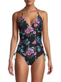 DKNY BLACK FLORAL Floral-Print Halterneck One-Piece Swimsuit, US 4