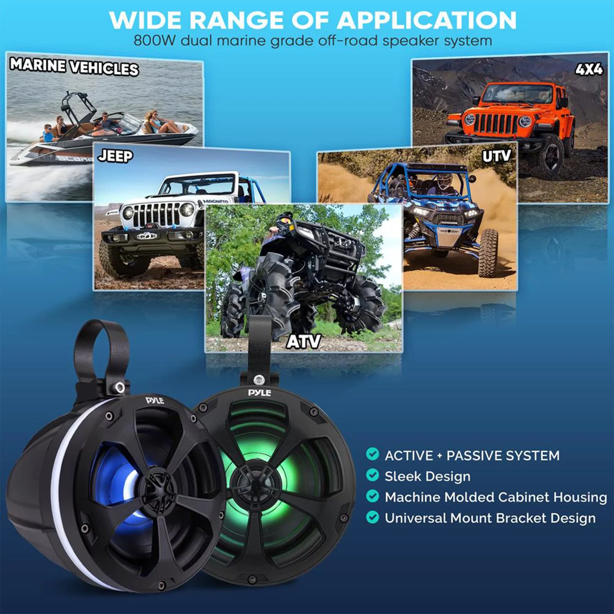 Pyle 5.25 In 1,000 Watt 2 Channel Waterproof Off Road Boat and ATV Speakers