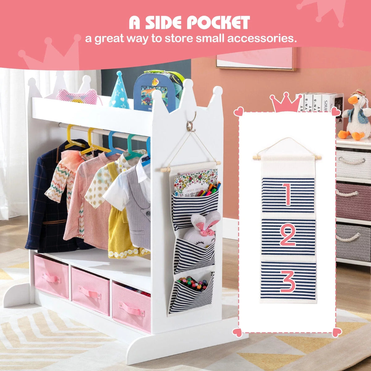 Kid Armoire Lovely White Dress Up Closet Girl Corner Bedroom Wardrobe with Mirror, Side Pocket Top Storage, 3 Drawers