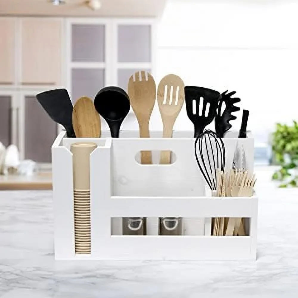 Pantry Picks Farmhouse Wooden Flatware & Utensils Caddy Condiment Organizer W Cutout Handle & Compartments For Kitchen Décor Countertop Breakfast BBQ Events Picnic, Wht Wash