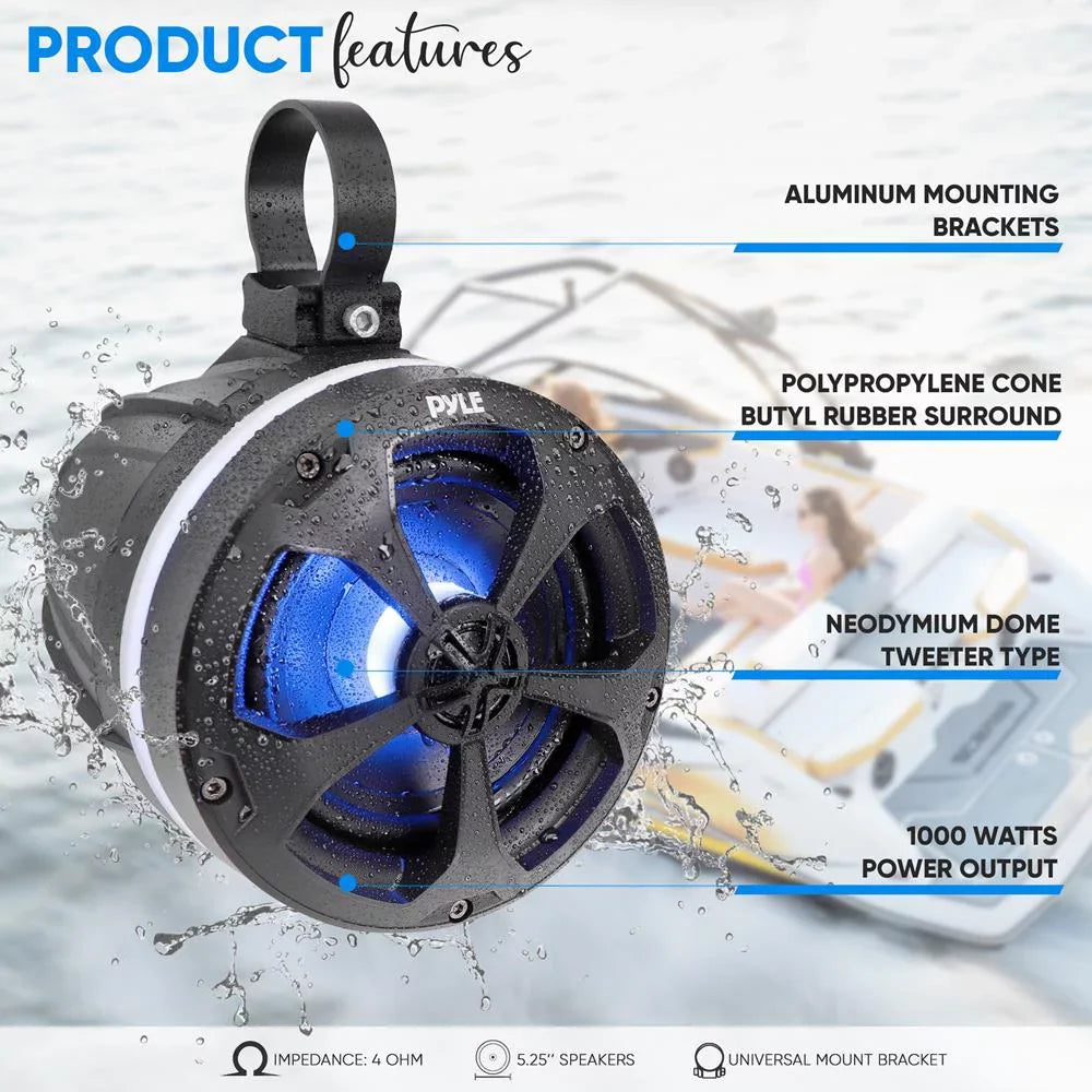 Pyle 5.25 In 1,000 Watt 2 Channel Waterproof Off Road Boat and ATV Speakers
