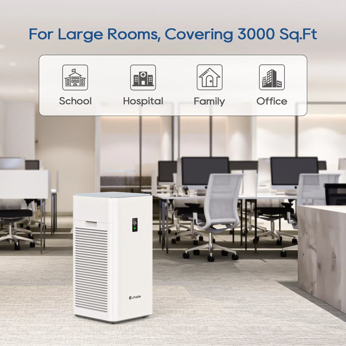 Lifubide Large Room Air Purifier, H13 True HEPA,4555 Sq.Ft Coverage,24dB Low Noise For Bedroom, Removal Of 99.99% 0.01 Microns Particles, Pet Dander、Smoke、Odor、Dust， PM2.5 Monitor, Smart Air Purifier