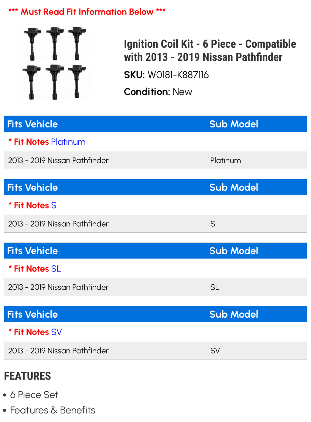 Ignition Coil Kit - 6 Piece - Compatible with 2013 - 2019 Nissan Pathfinder 2014 2015 2016 2017 2018