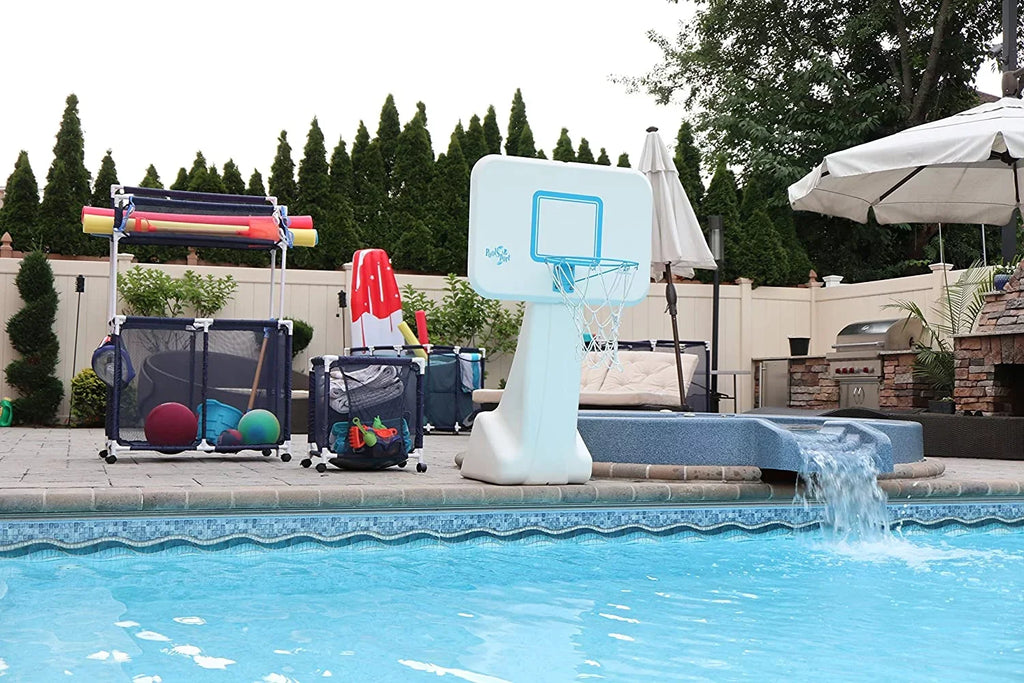 Pool Noodles Holder, Toys, Balls and Floats Equipment Mesh Rolling Storage Organizer Bin, Kids Height, Large, (43" W x 25" L x 28" H), Blue / White Style 563009