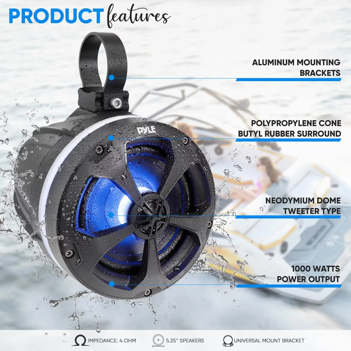 Pyle 5.25 In 1,000 Watt 2 Channel Waterproof Off Road Boat and ATV Speakers