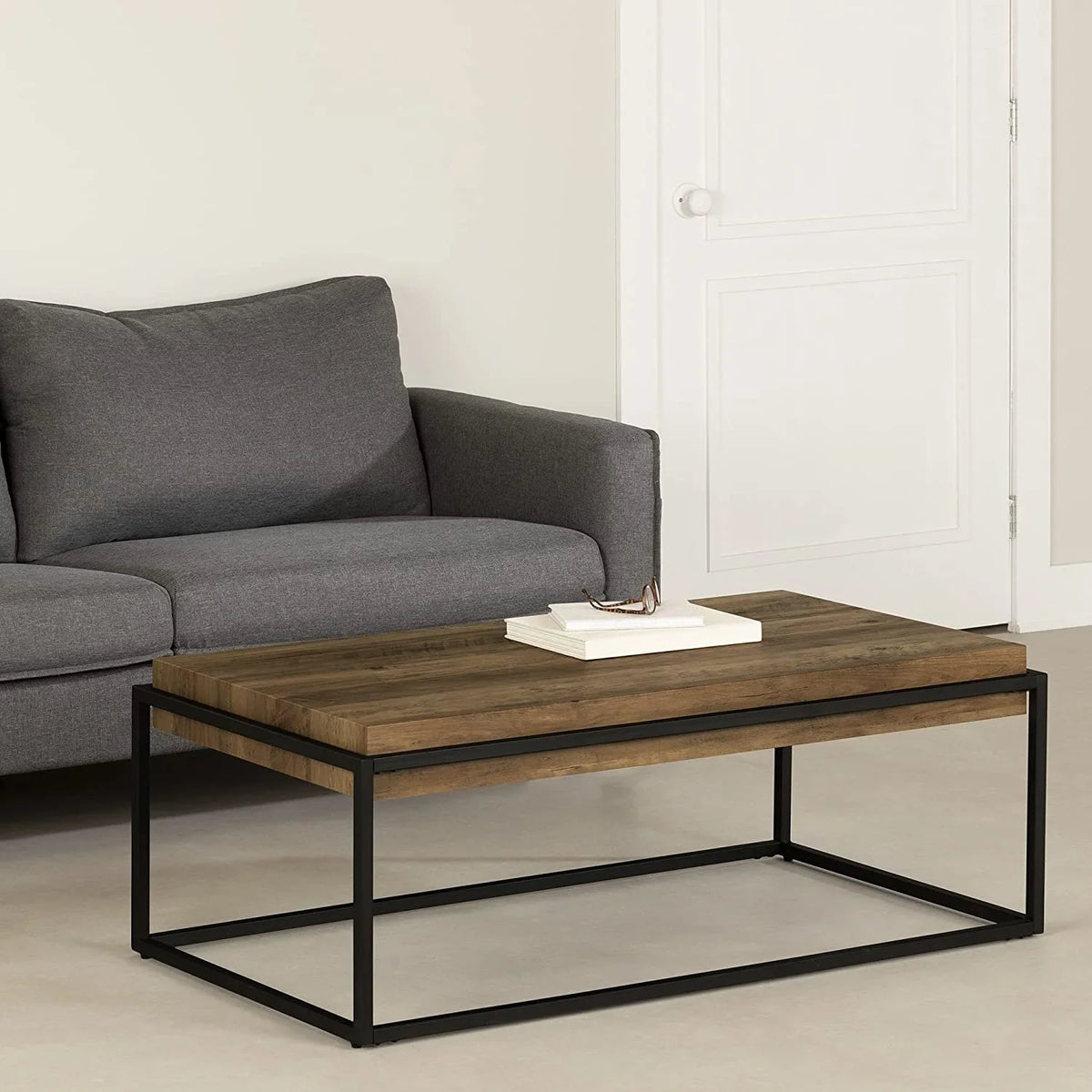 Mezzy Modern Industrial Coffee Table, Acacia Brown