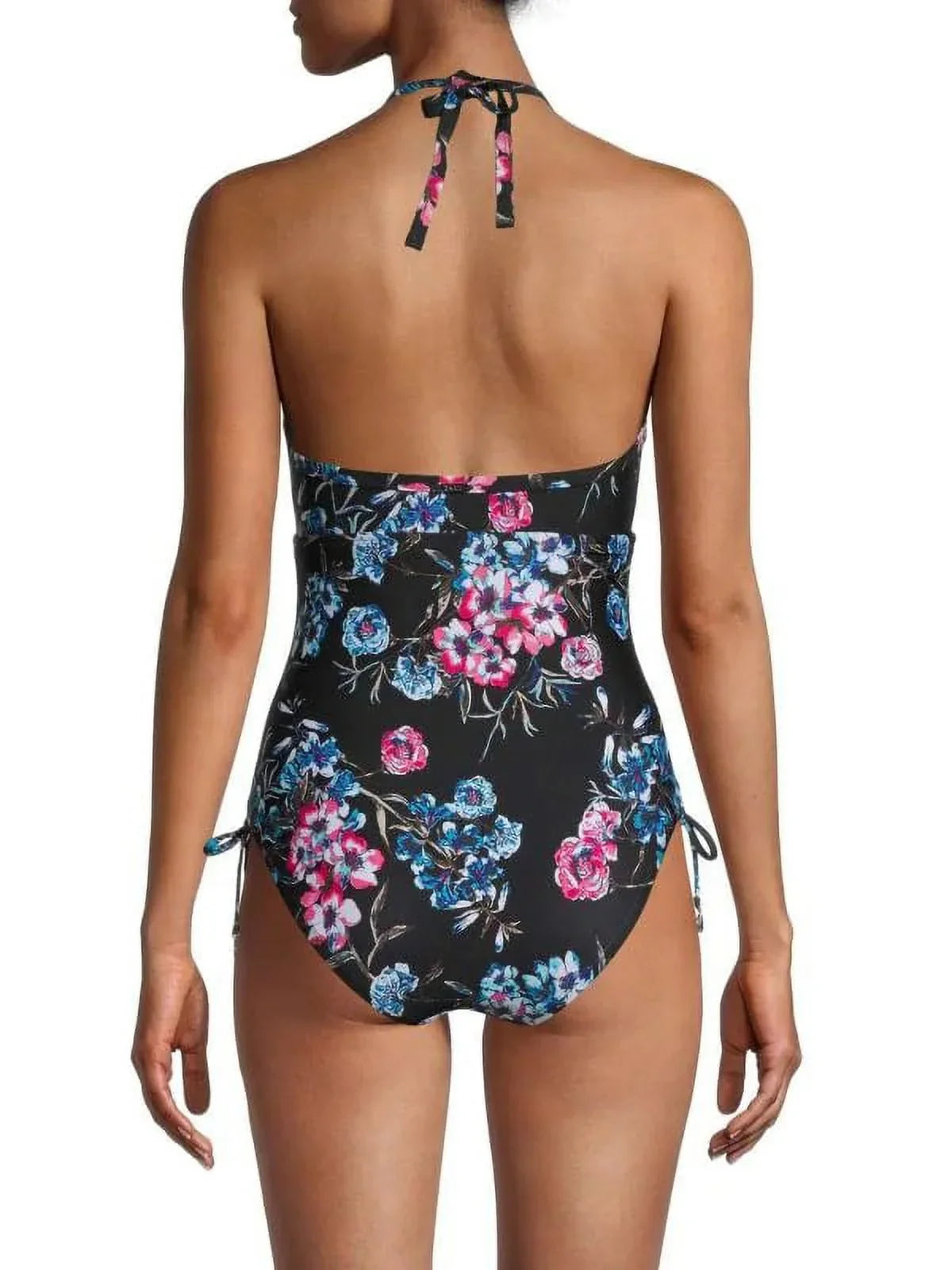 DKNY BLACK FLORAL Floral-Print Halterneck One-Piece Swimsuit, US 4