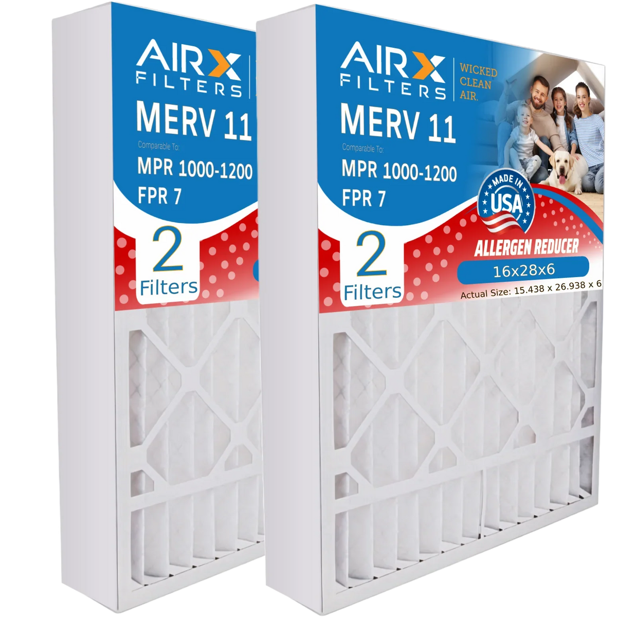 16x28x6 Air Filter MERV 11 Comparable to MPR 1000, MPR 1200 & FPR 7 Compatible with Aprilaire 401 Premium USA Made 16x28x6 Furnace Filter 2 Pack by AIRX FILTERS WICKED CLEAN AIR.
