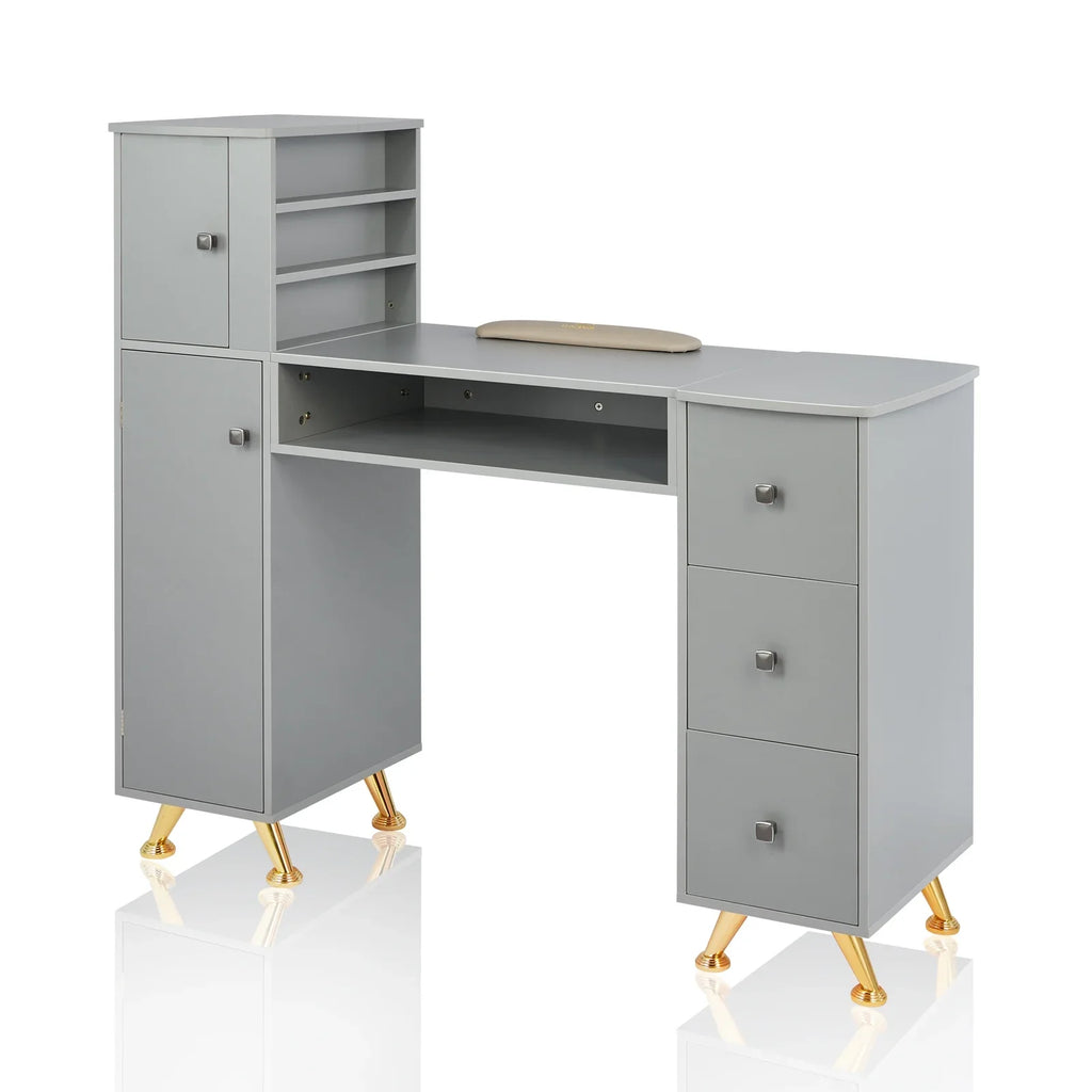 LUXMARS Manicure Table Nail Desk for Technician w/Wrist Rest & Plastic Table Mat, Acetone Resistant Nail Table Station w/Large Capacity Storage Space, for Home Spa Beauty Salon - Grey