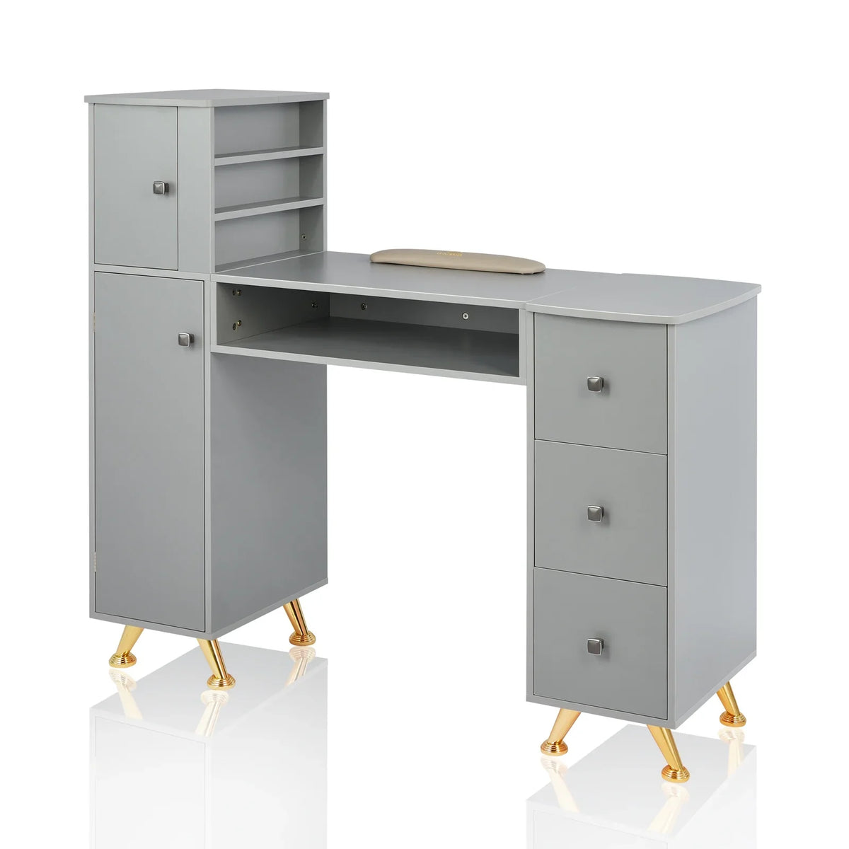 LUXMARS Manicure Table Nail Desk for Technician w/Wrist Rest & Plastic Table Mat, Acetone Resistant Nail Table Station w/Large Capacity Storage Space, for Home Spa Beauty Salon - Grey
