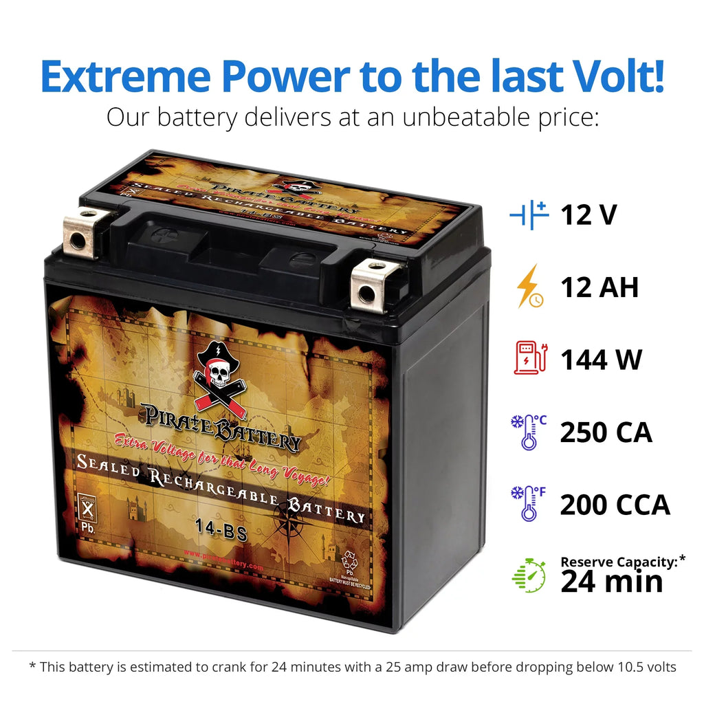 Pirate Battery YTX14-BS (14-BS 12 Volt,12 Ah, 200 CCA) Motorcycle Battery for Kawasaki 800cc Vn800-a, B, C, E Vulcan, Classic, Drifter 1995