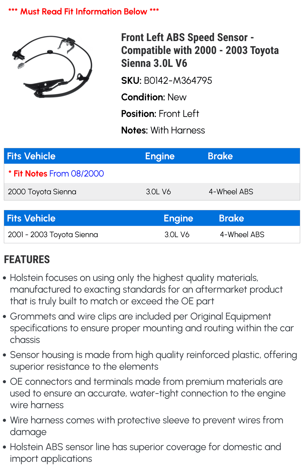 Front Left ABS Speed Sensor - Compatible with 2000 - 2003 Toyota Sienna 3.0L V6 2001 2002