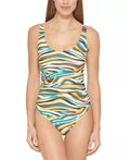 DKNY MULTI Mesh Side-Stripe Ruched One-Piece Swimsuit, US 8